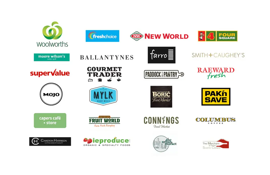 Grid of various grocery and food market logos that sell Molly Woppy products, including Woolworths, New World, Supervalue, and others showcasing diverse brands.