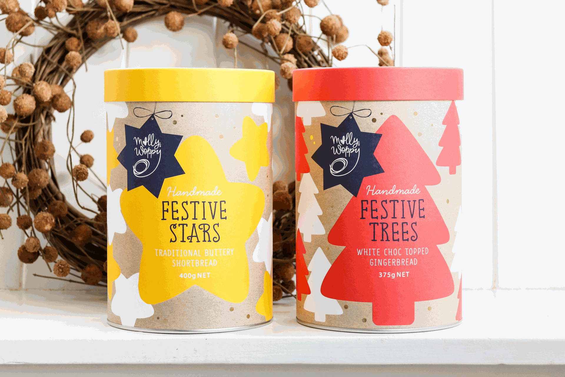 Molly Woppy festive corporate cookie gift tins — handmade shortbread Festive Stars and white chocolate gingerbread Festive Trees, perfect for business gifting in New Zealand.
