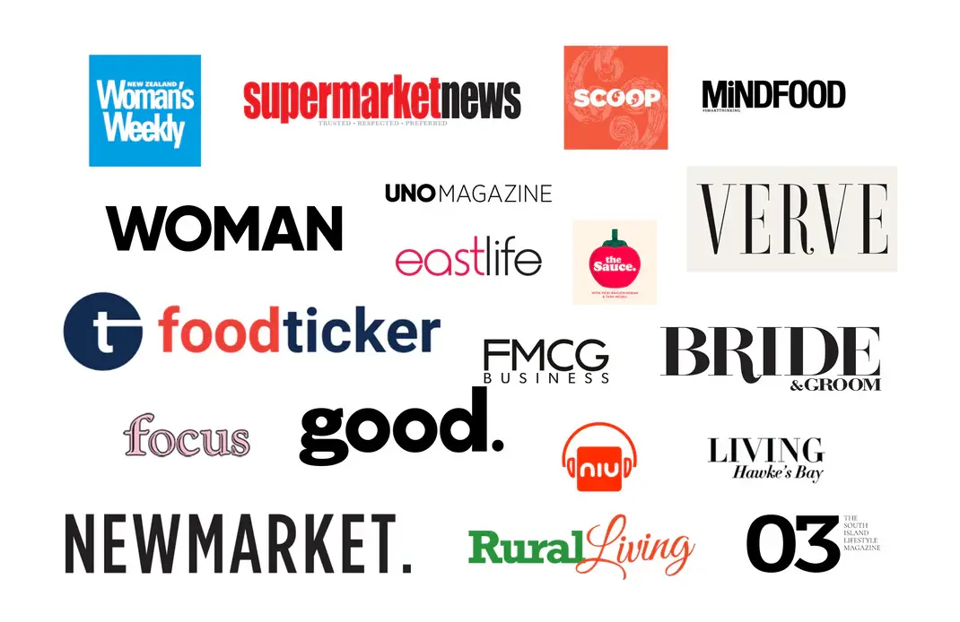 Molly Woppy artisan cookies featured in leading New Zealand media — logos from Woman’s Weekly, Supermarket News, Mindfood, Foodticker, FMCG Business, Verve, and more on ‘From Our Ovens to the Headlines’.