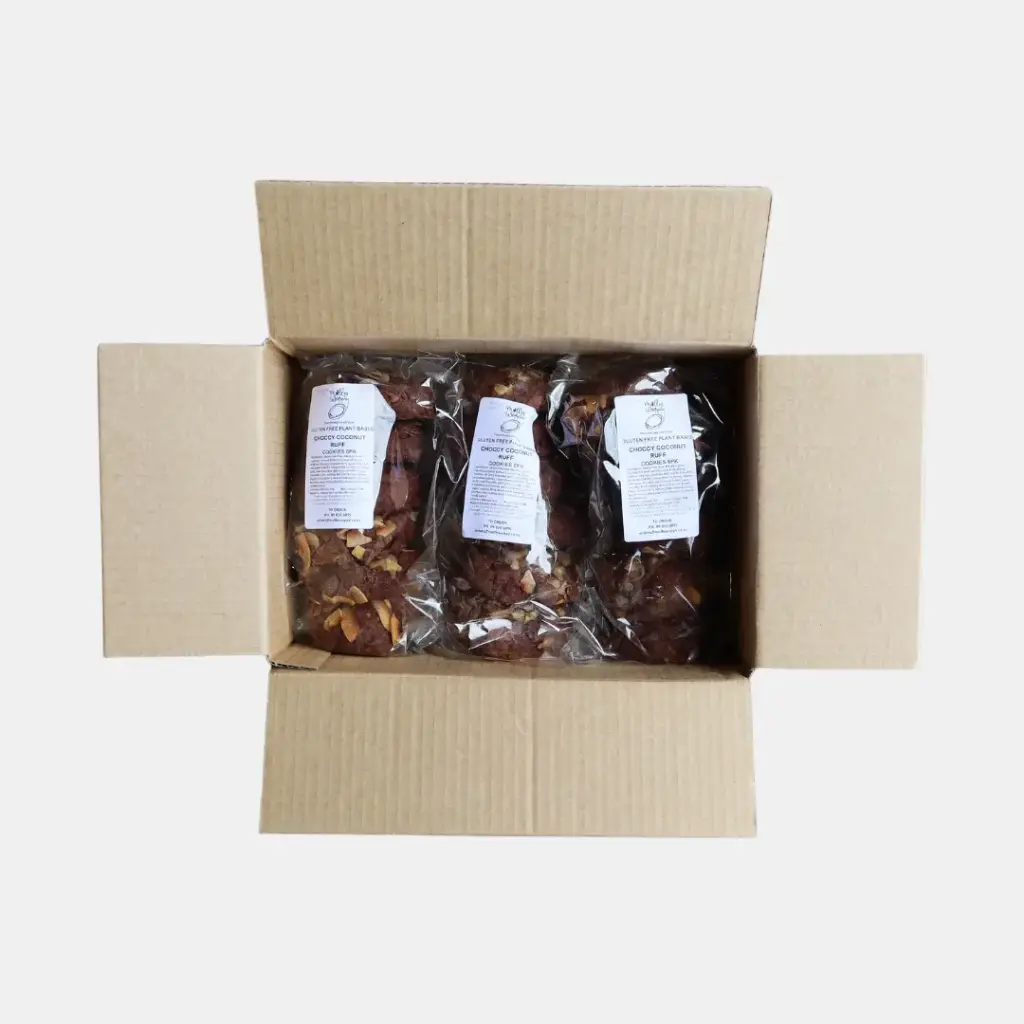 Gluten Free Plant Based Vegan Choccy Coconut Ruff Cookies Bulk Café 68g 6Pk x 3 Carton
